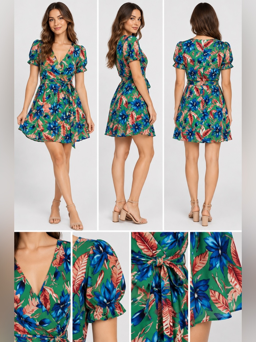 ZARA BASIC Z1975 Green Floral Wrap Dress‎ M | Puff Sleeve Belted Mini Boho Style